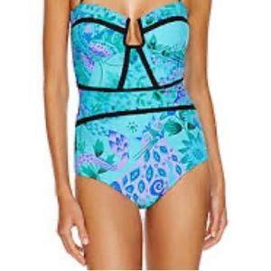 nanette lepore jakarta one piece swimsuit xs turquoise jaguar print strapless